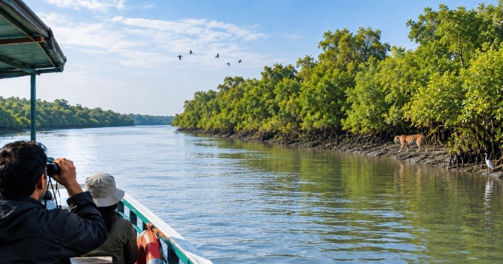 Tourists on a licensed Sundarbans boat watch a Royal Bengal tiger on a mangrove mudbank through binoculars on a clear winter day, West Bengal.