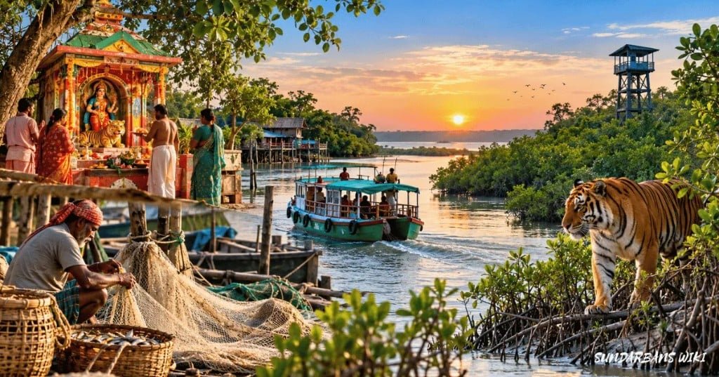 Indian Sundarbans living heritage — Bonbibi shrine worship, fisherman mending nets with a catch, passenger boat on a creek, watch tower, mangroves, and Royal Bengal tiger at the forest edge, West Bengal.