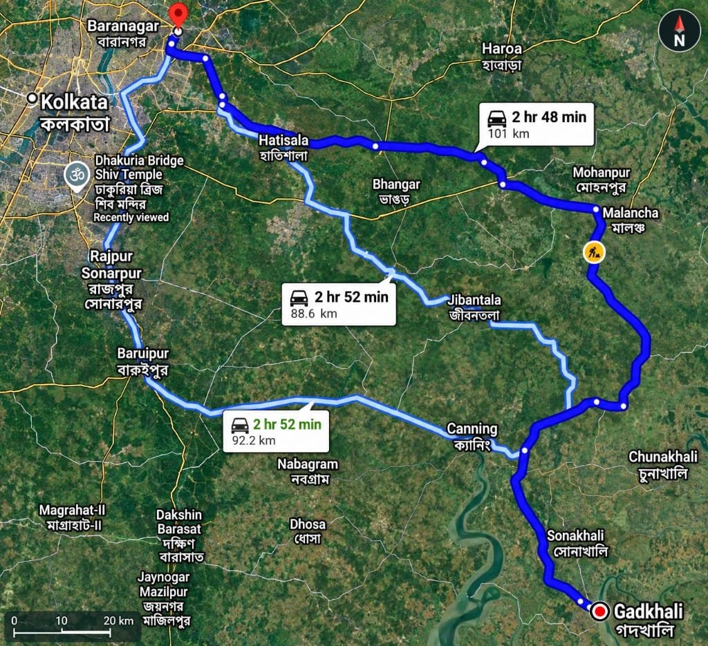 Driving routes from Baranagar and Kolkata to Godkhali jetty with three road options between about 88 and 101 kilometres.